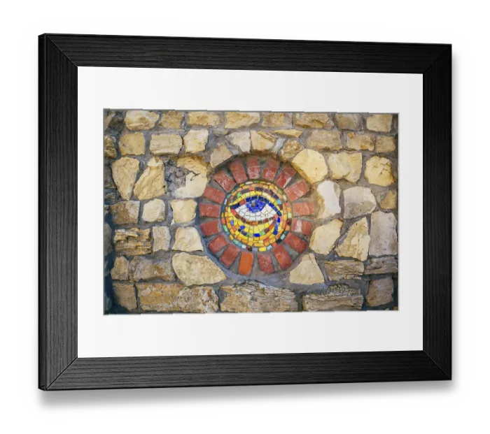 Framed Print : Circular mosaic symbol Eye of Horus on stone wall