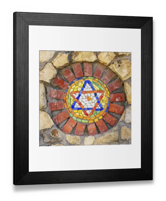 Framed Print : Circular mosaic religious symbol Star of David on stone wall Framed Print : Circular mosaic religious symbol Star of David on stone wall