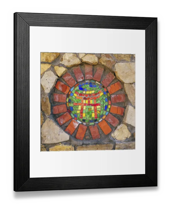 Framed Print : Circular mosaic religious symbol of Shinto on stone wall Framed Print : Circular mosaic religious symbol of Shinto on stone wall