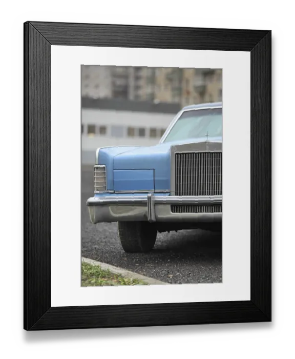 Framed Print : Blue Lincoln car front view