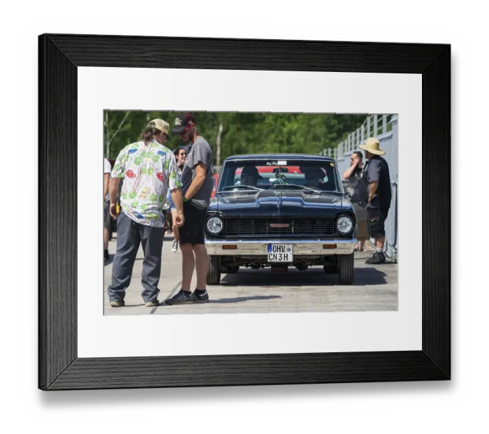 Framed Print : FINOWFURT, GERMANY - JUNE 28, 2024: A compact car Chevrolet Chevy II  /  Nova on the starting line