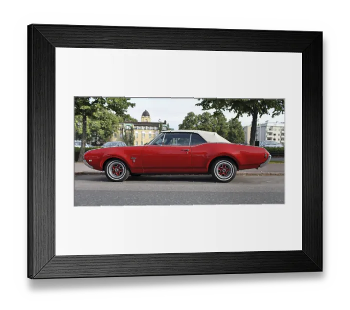 Framed Print : Vintage Cadillac red Cadillac on a city street Framed Print : Vintage Cadillac red Cadillac on a city street