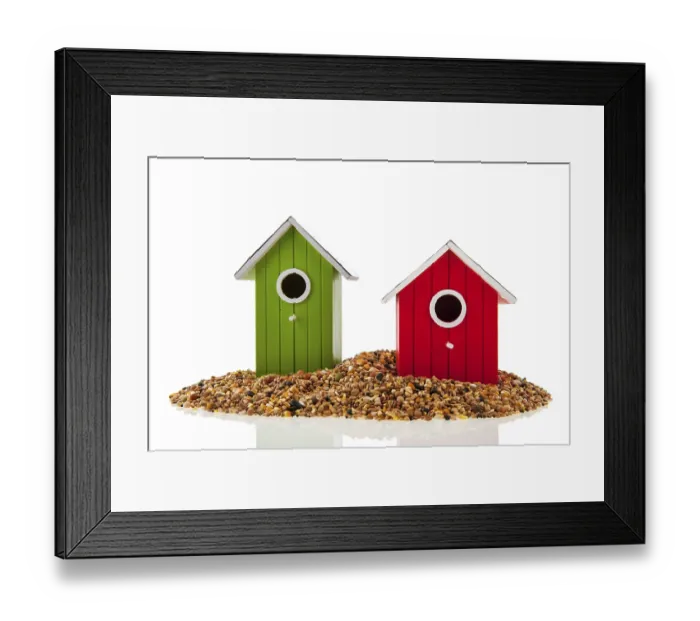 Framed Print : Green and red birdhouses with seed for birds
