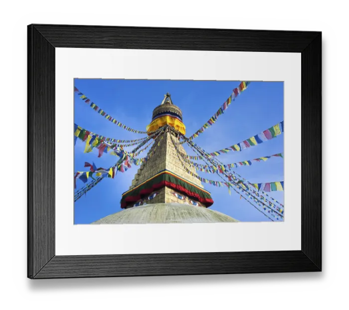 Framed Print : Buddhist Shrine Boudhanath Stupa with pray flags over blue sky
