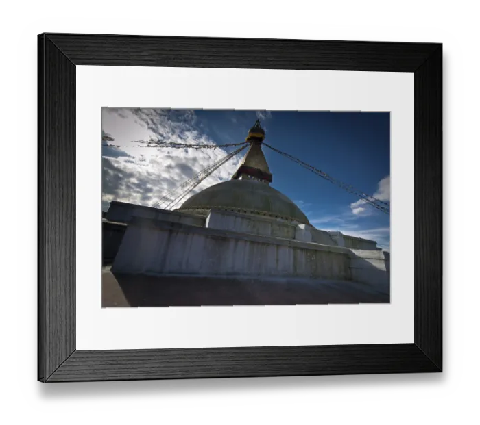 Framed Print : Buddhist Shrine Boudhanath Stupa with pray flags over sunset sky Framed Print : Buddhist Shrine Boudhanath Stupa with pray flags over sunset sky