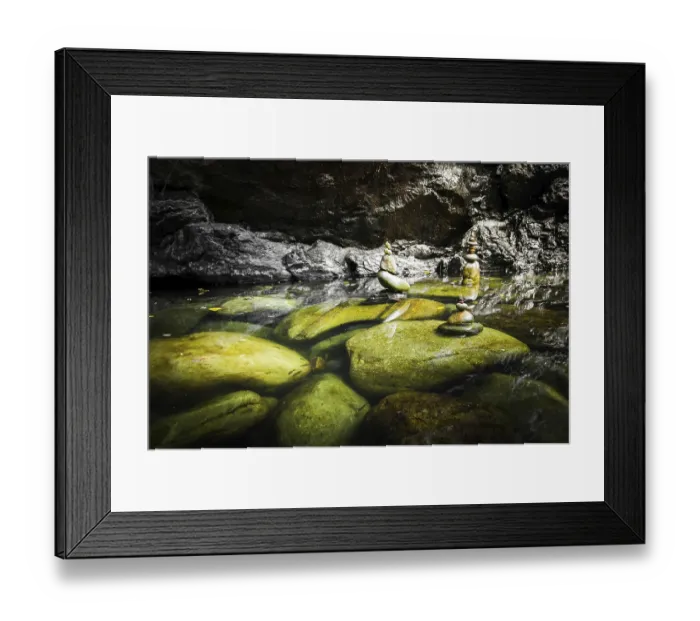 Framed Print : Amazing tropical rain forest landscape with lake and balancing rocks tower for zen meditation practice Framed Print : Amazing tropical rain forest landscape with lake and balancing rocks tower for zen meditation practice