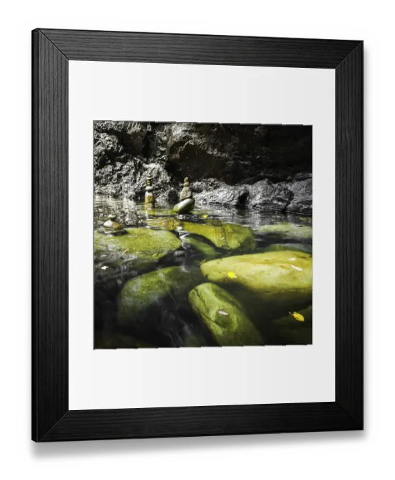Framed Print : Amazing tropical rain forest landscape with lake and balancing rocks tower for zen meditation practice