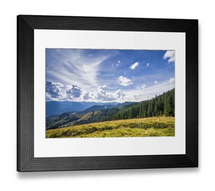 Framed Print : Amazing sunny landscape with pine tree highland forest at Carpathian mountains under blue sky Framed Print : Amazing sunny landscape with pine tree highland forest at Carpathian mountains under blue sky