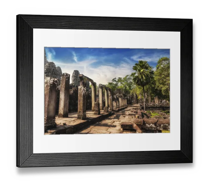 Framed Print : Ancient Khmer architecture. Amazing view of Bayon temple at sunset Framed Print : Ancient Khmer architecture. Amazing view of Bayon temple at sunset