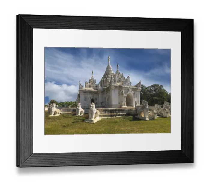 Framed Print : White Pagoda at Inwa ancient city with lions guardian statues