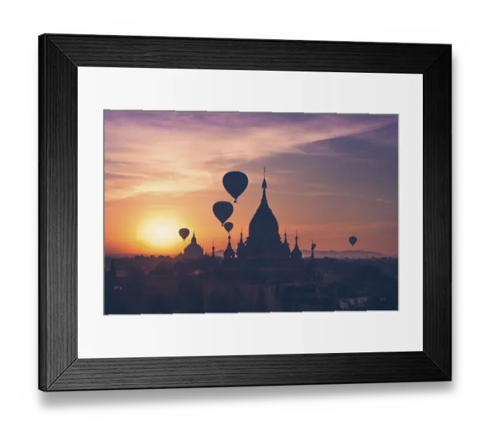 Framed Print : Amazing misty sunrise colors and balloons silhouettes over ancient Buddhist Temples at Bagan Kingdom
