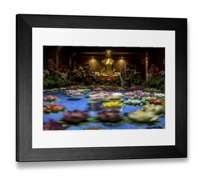 Framed Print : Colorful flowers floating under the golden statue of Buddha in Buddhist monastery