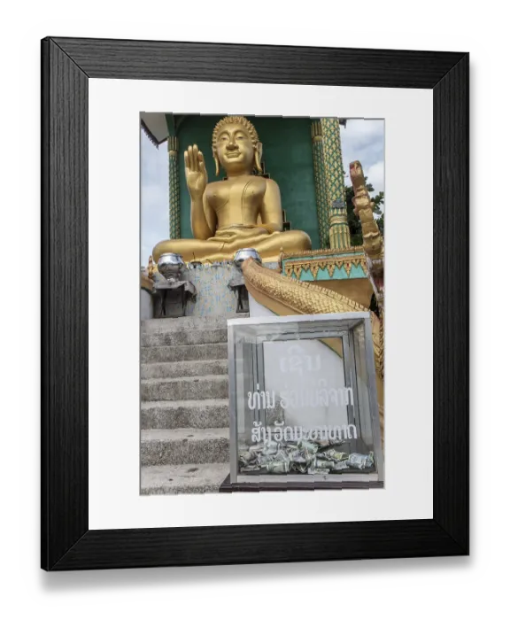 Framed Print : Seated Buddha with the money box for donations Framed Print : Seated Buddha with the money box for donations