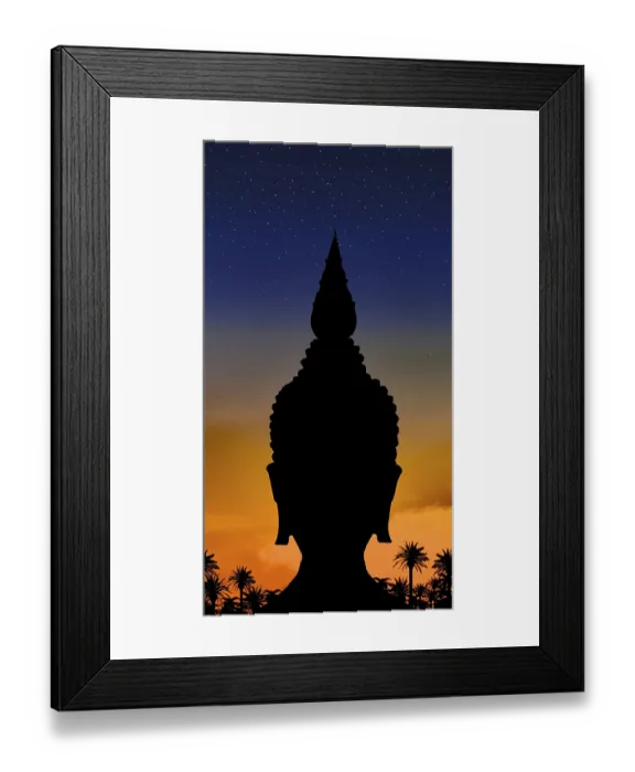 Framed Print : The black outline of Buddha head on color background with stars on heaven Framed Print : The black outline of Buddha head on color background with stars on heaven
