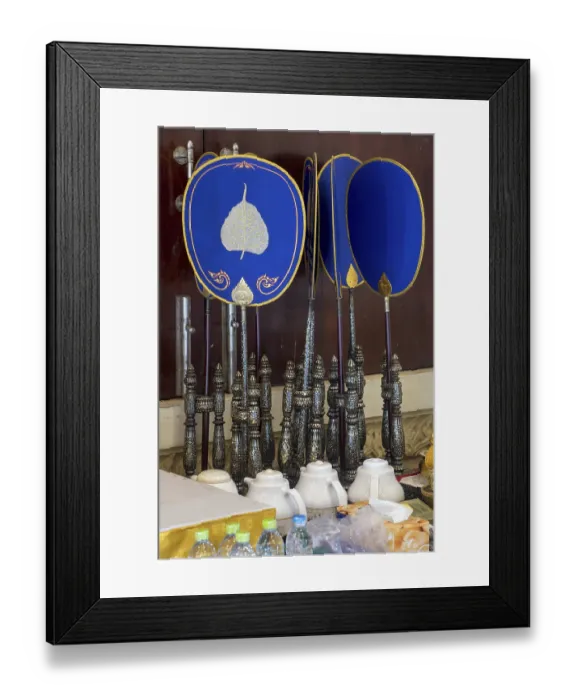 Framed Print : Several talipot fans with symbolic painting at Buddhist temple Asokaram