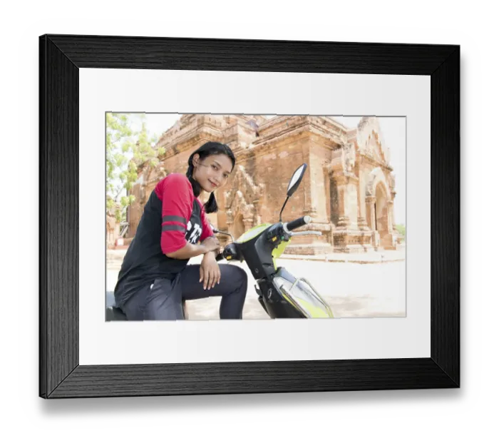 Framed Print : The tourist in Burma sitting on scooter beside historical monuments