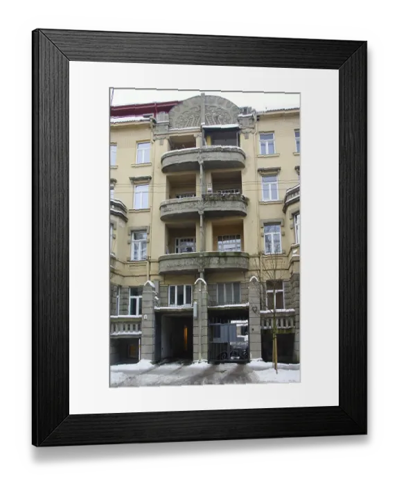 Framed Print : A fragment of the architectural design of the facade in the style of the Northern Art Nouveau in the city center