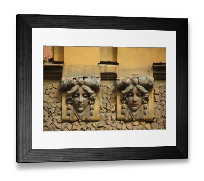 Framed Print : A fragment of the decoration of the facade of the building in the art nouveau style in the historical part of St