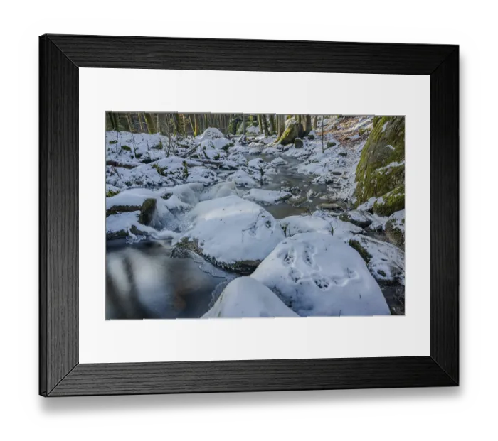 Framed Print : A stream flows calmly through a forest while snow covers the stones and banks