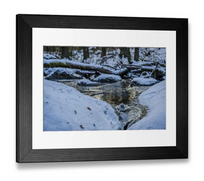 Framed Print : A small stream flows through a forest in winter