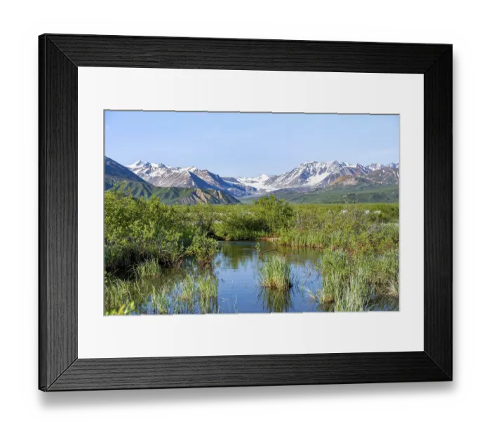 Framed Print : Stream and picturesque mountain landscape with Gulkana glacier and summit Icefall Peak