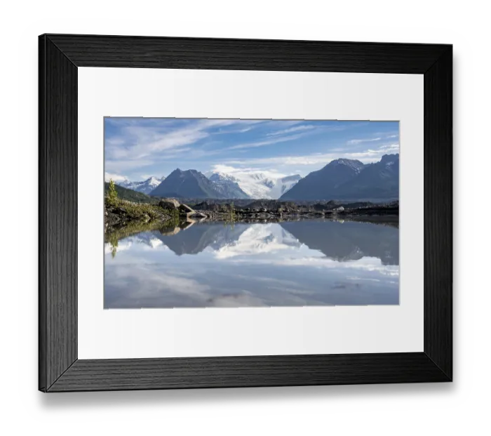 Framed Print : Mountain landscape reflected in glacial lake