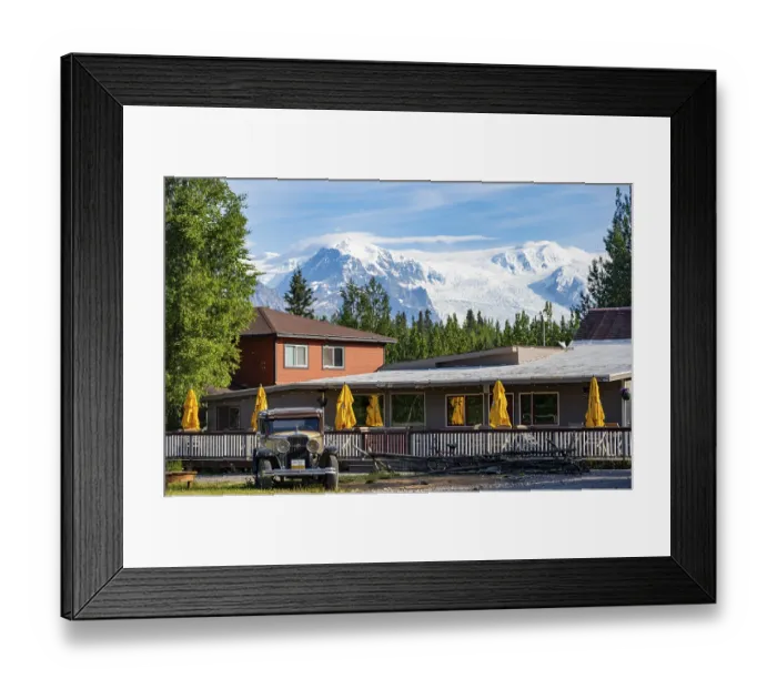 Framed Print : Vintage car and historic building in front of mountain landscape with Kennicott Glacier