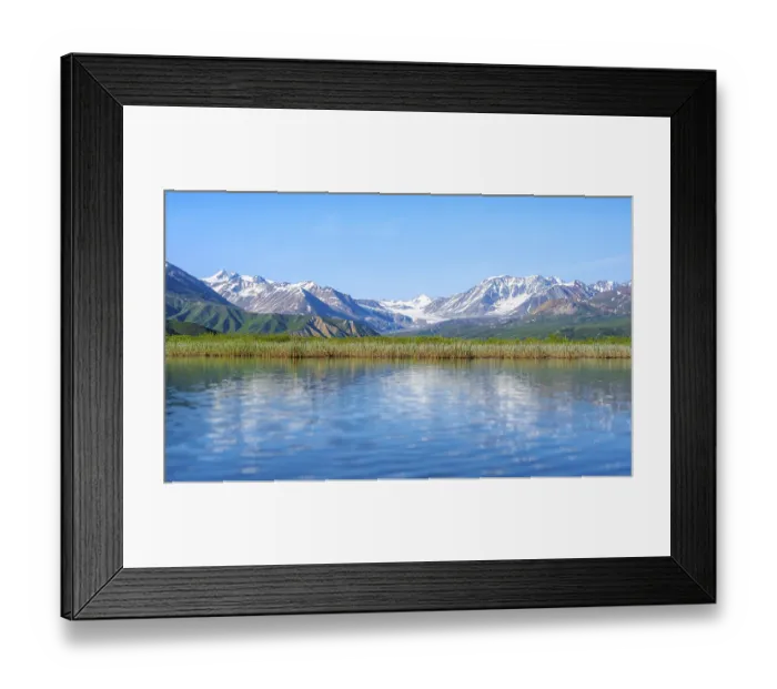 Framed Print : Lake and picturesque mountain landscape with Gulkana glacier and summit Icefall Peak