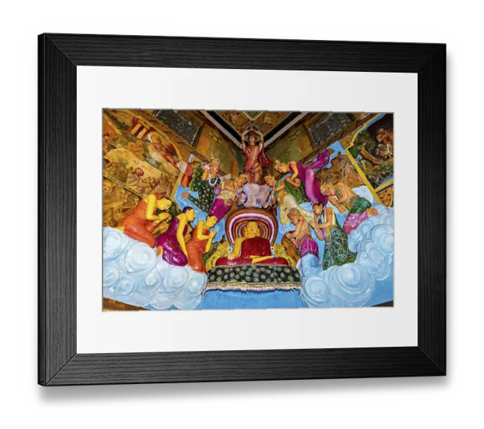 Framed Print : Buddha scene with figures standing in prayer surrounded by colorful frescoes and vivid colors