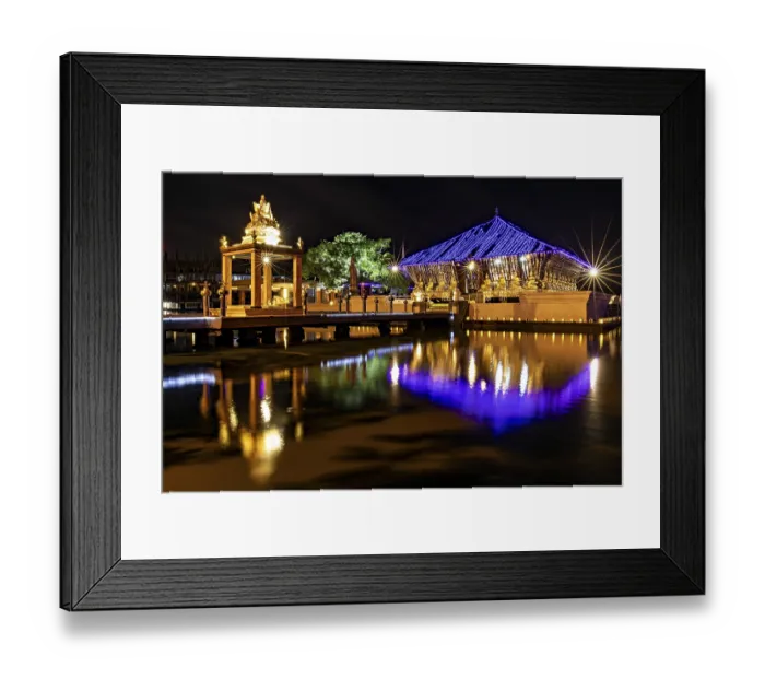 Framed Print : Night scene of an illuminated temple whose lights are reflected in the water Framed Print : Night scene of an illuminated temple whose lights are reflected in the water