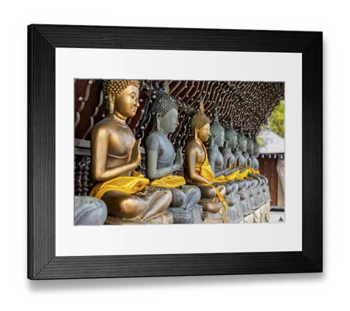 Framed Print : Row of Buddha statues, all with yellow robes
