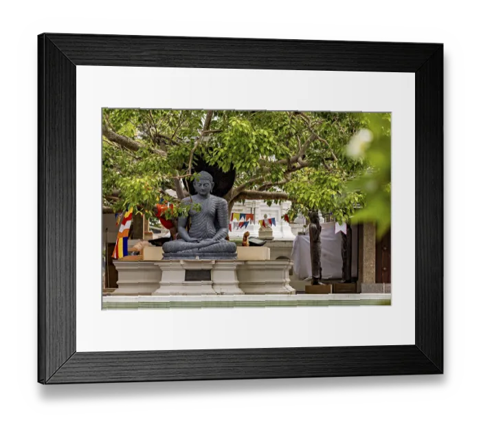 Framed Print : Stone Buddha under trees with decorative prayer flags in the temple area Framed Print : Stone Buddha under trees with decorative prayer flags in the temple area