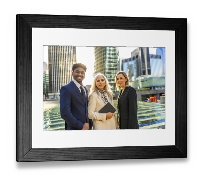 Framed Print : Diverse business team of professionals standing united and smiling Framed Print : Diverse business team of professionals standing united and smiling