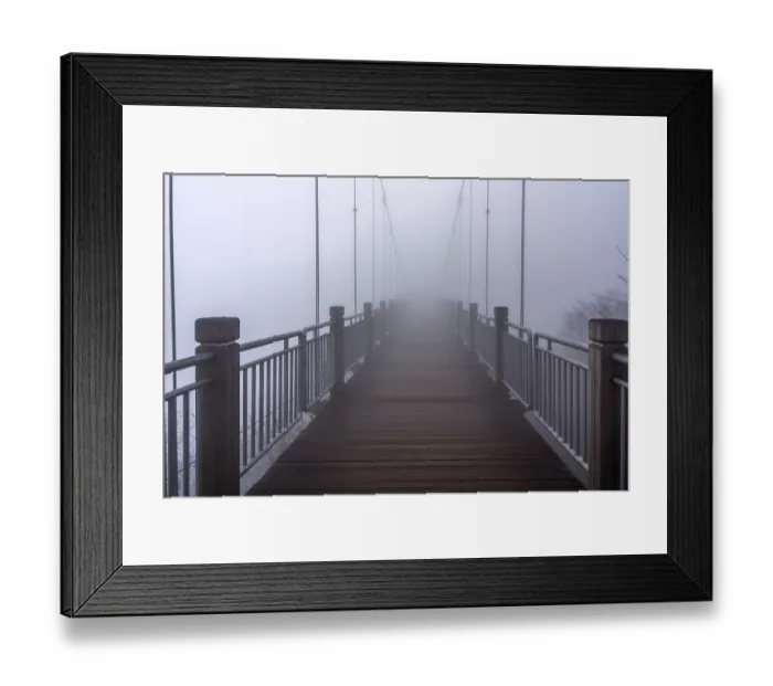 Framed Print : Wooden hanging bridge at Tianmen Mountain vanishing in very heavy mist