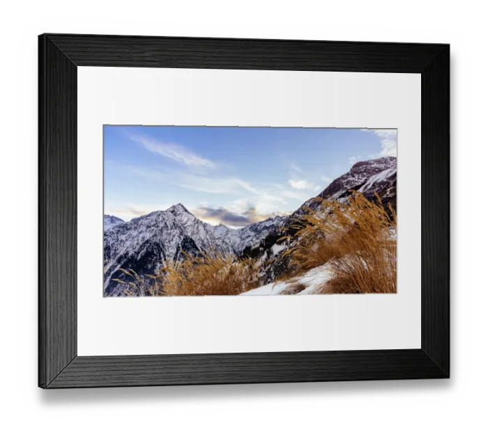 Framed Print : View from outskirts of Les deux Alpes village on mountain range with long yellow grass Framed Print : View from outskirts of Les deux Alpes village on mountain range with long yellow grass