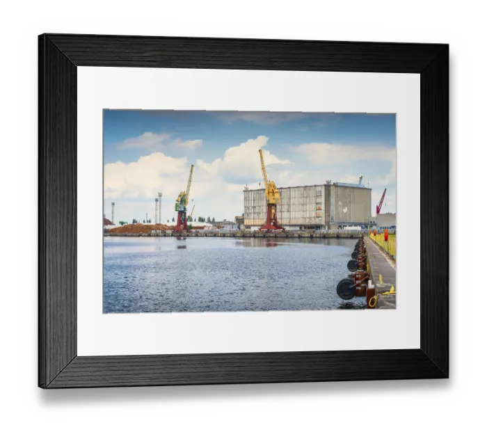 Framed Print : Cargo, industrial port and harbour in Szczecin with stacks of timer Framed Print : Cargo, industrial port and harbour in Szczecin with stacks of timer