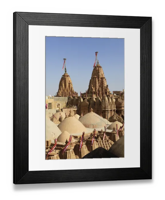 Framed Print : Flags and detail reliefs on rooftops of Jain temple in Jaisalmer