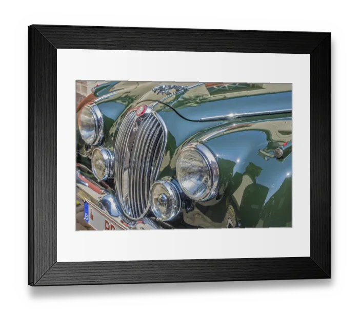 Framed Print : Front View Of Green Jaguar Mk 2 Car Showing Radiator Grill and Lights Framed Print : Front View Of Green Jaguar Mk 2 Car Showing Radiator Grill and Lights