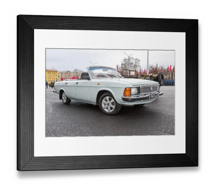 Framed Print : Samara, Russia - November 6, 2017: Parade vehicle GAZ 3102 Volga at the city square during the rehearsal for the parade