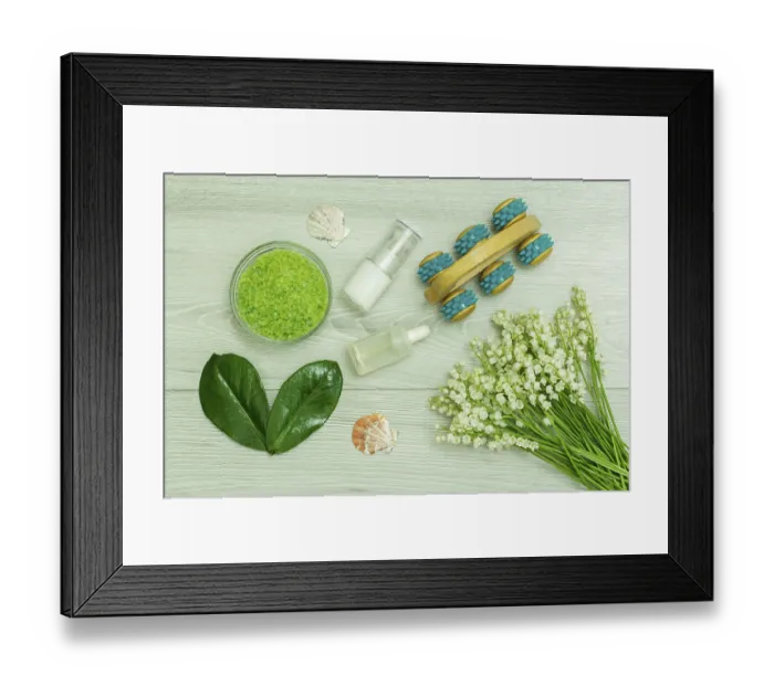 Framed Print : Glass bowl with sea salt, green leaves