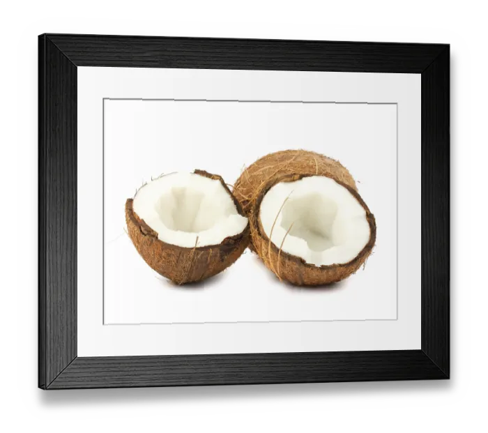 Framed Print : Fresh full and two halves of coconut isolated on white background Framed Print : Fresh full and two halves of coconut isolated on white background