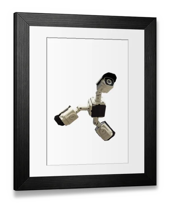 Framed Print : Three security cctv cameras on white background