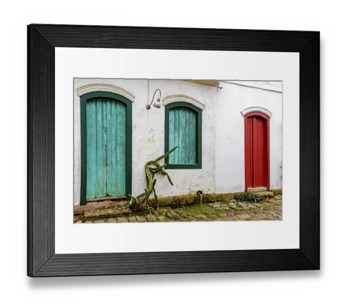 Framed Print : Old house facade with colorful doors and windows in the historic city of Paraty