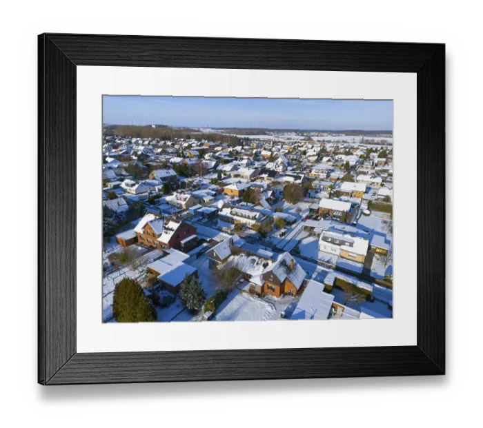 Framed Print : Residential district in winter under clear sky