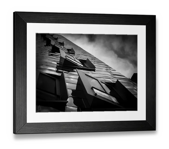 Framed Print : Dramatic perspective on the deconstructivist facade of the Gehry buildings in Dusseldorfer Medienhafen