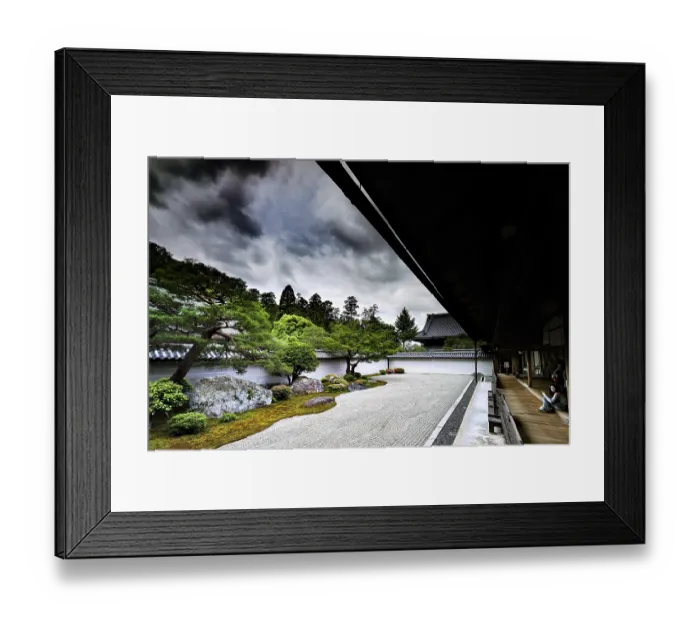 Framed Print : Tora Yaku no Niwa Zen Garden with carefully arranged rocks and sand patterns surrounded by nature