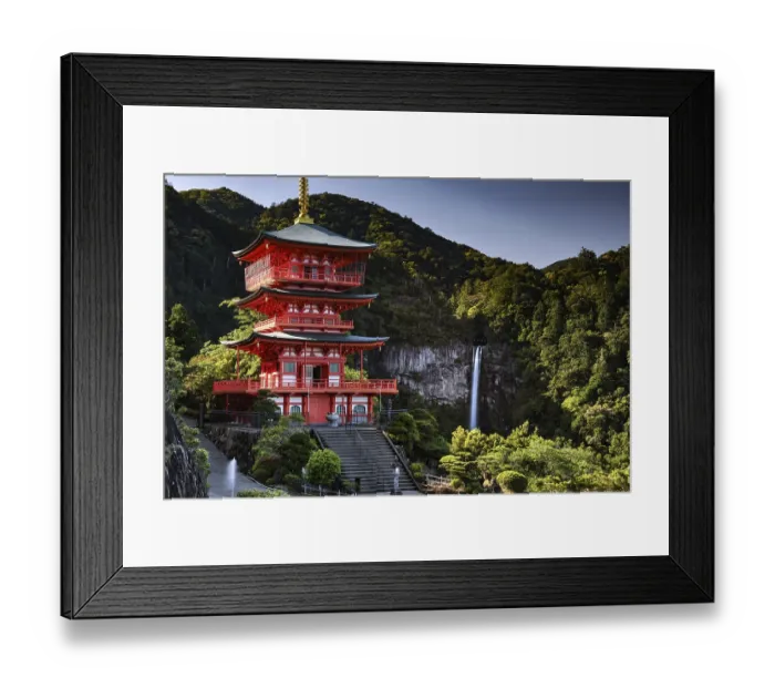 Framed Print : Red pagoda in front of Nachi Waterfall in the green forest of Seiganto-ji