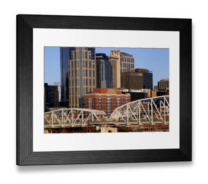 Framed Print : City view with skyscrapers and bridge under clear sky in Nashville