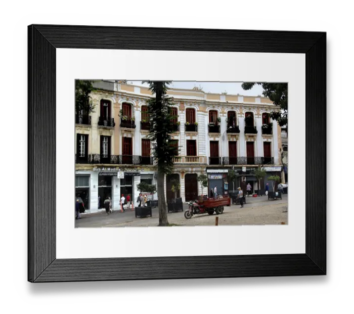 Framed Print : Historic buildings on Rue d'Italie in Tangier with an active street scene