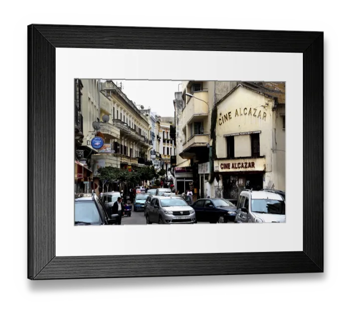 Framed Print : Bustling street scene in the Medina of Tangier with the Alcazar cinema